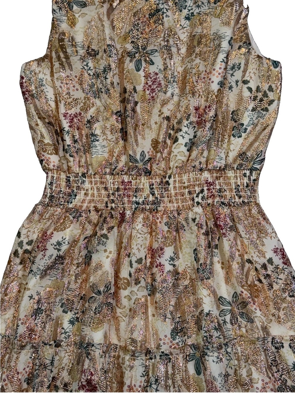 Daniel Rainn Eileen Sleeveless Maxi Dress Gold Floral Lurex Smocked Waist S - Picture 12 of 16